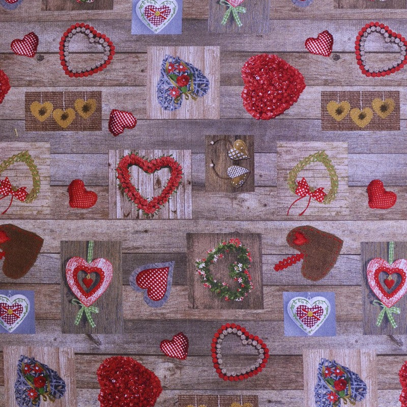 Heart Print Canvas Fabric Wood Brown - Ribes y Casals