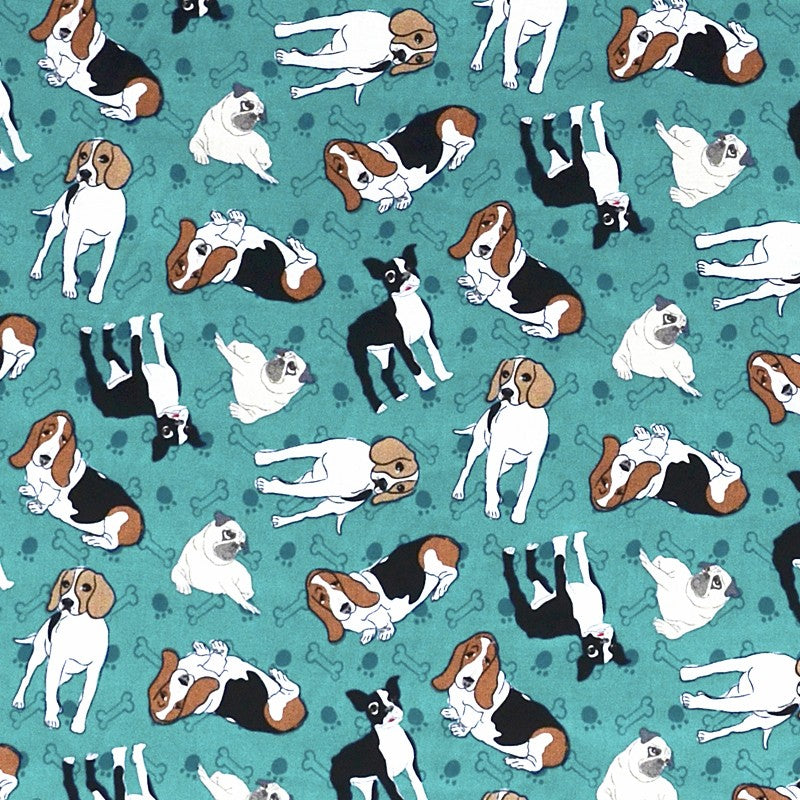 Cotton Poplin Fabric Pug Dog Emerald Background - Ribes y Casals