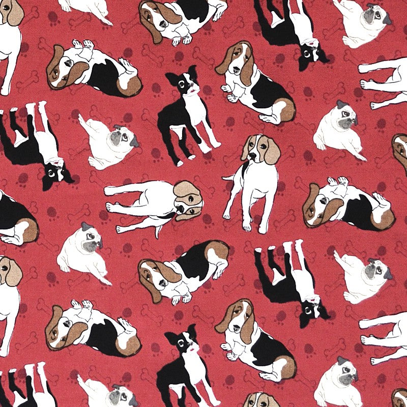 Cotton Poplin Fabric Pug Dog Red Background - Ribes y Casals