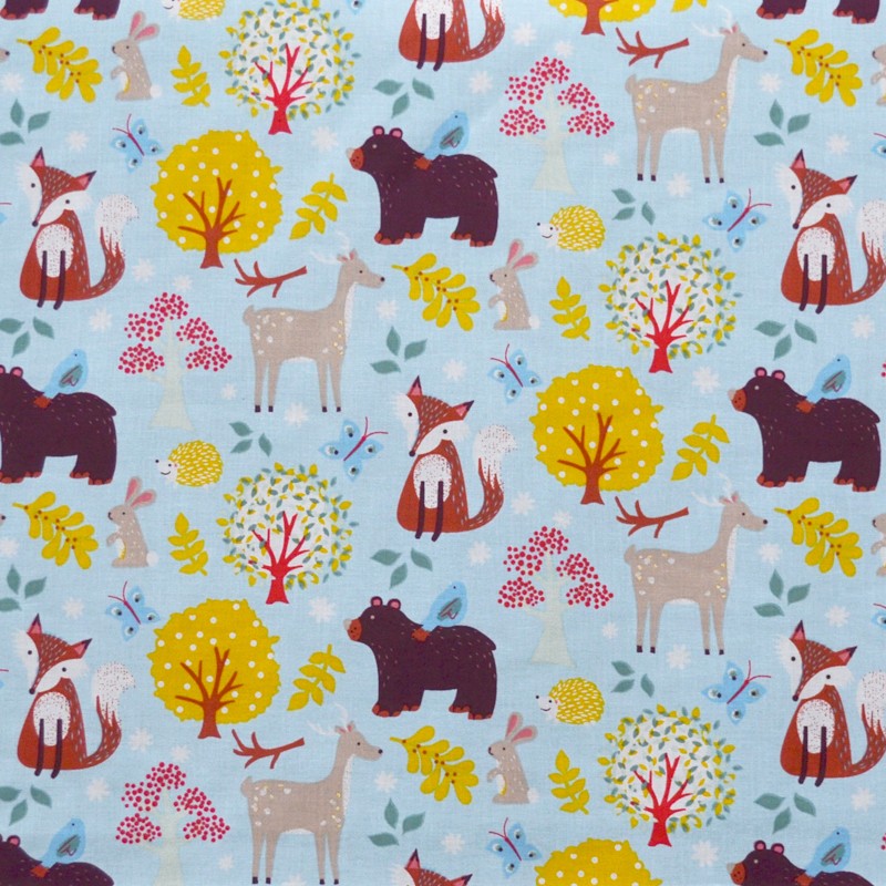 Cotton Poplin Fabric Fox Sky Blue Background - Ribes y Casals
