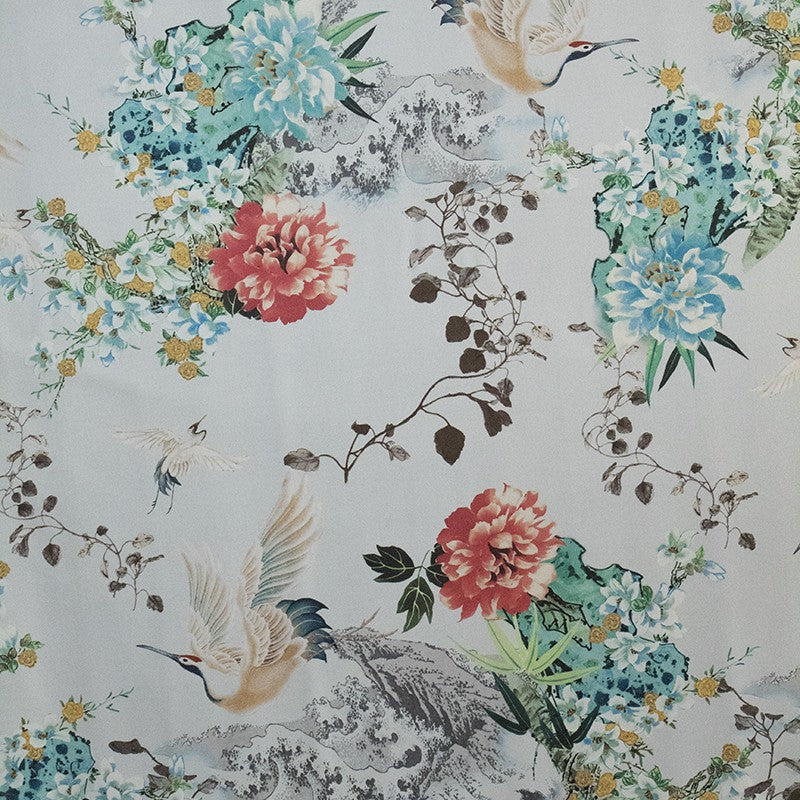 Satin Mikado Birds Bluish Grey - Ribes y Casals